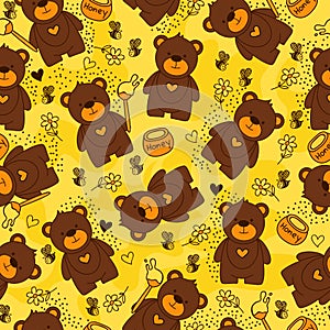 Yellow seamless pattern with cute bears, bee, flowers and honey.